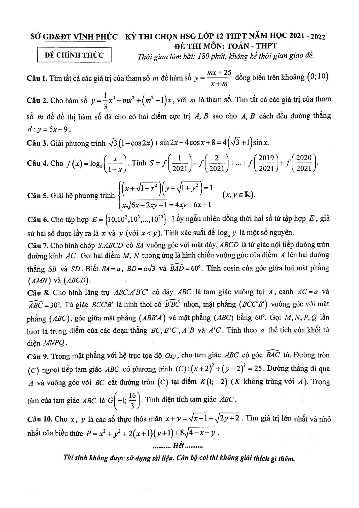 De Thi Chon Hsg Toan 12 Thpt Nam 2021 2022 So Gddt Vinh Phuc ...