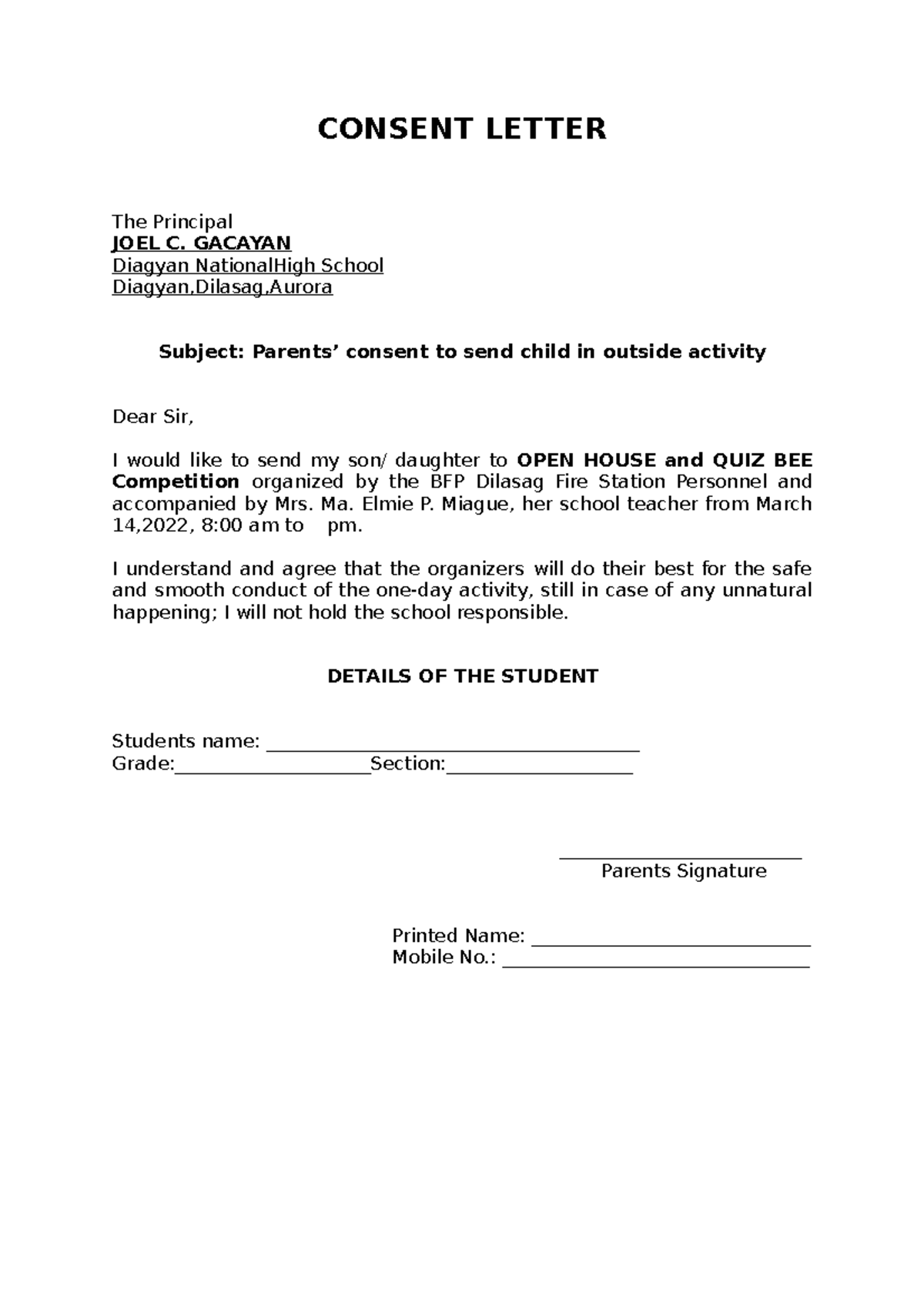 Sample Consent Letter For Vaccination From Parents Philippines