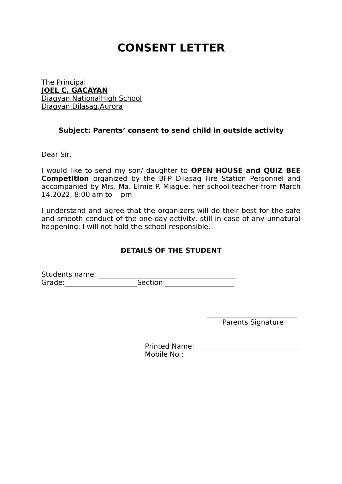 Parent Consent For Enrichment Class CONSENT LETTER The Principal 