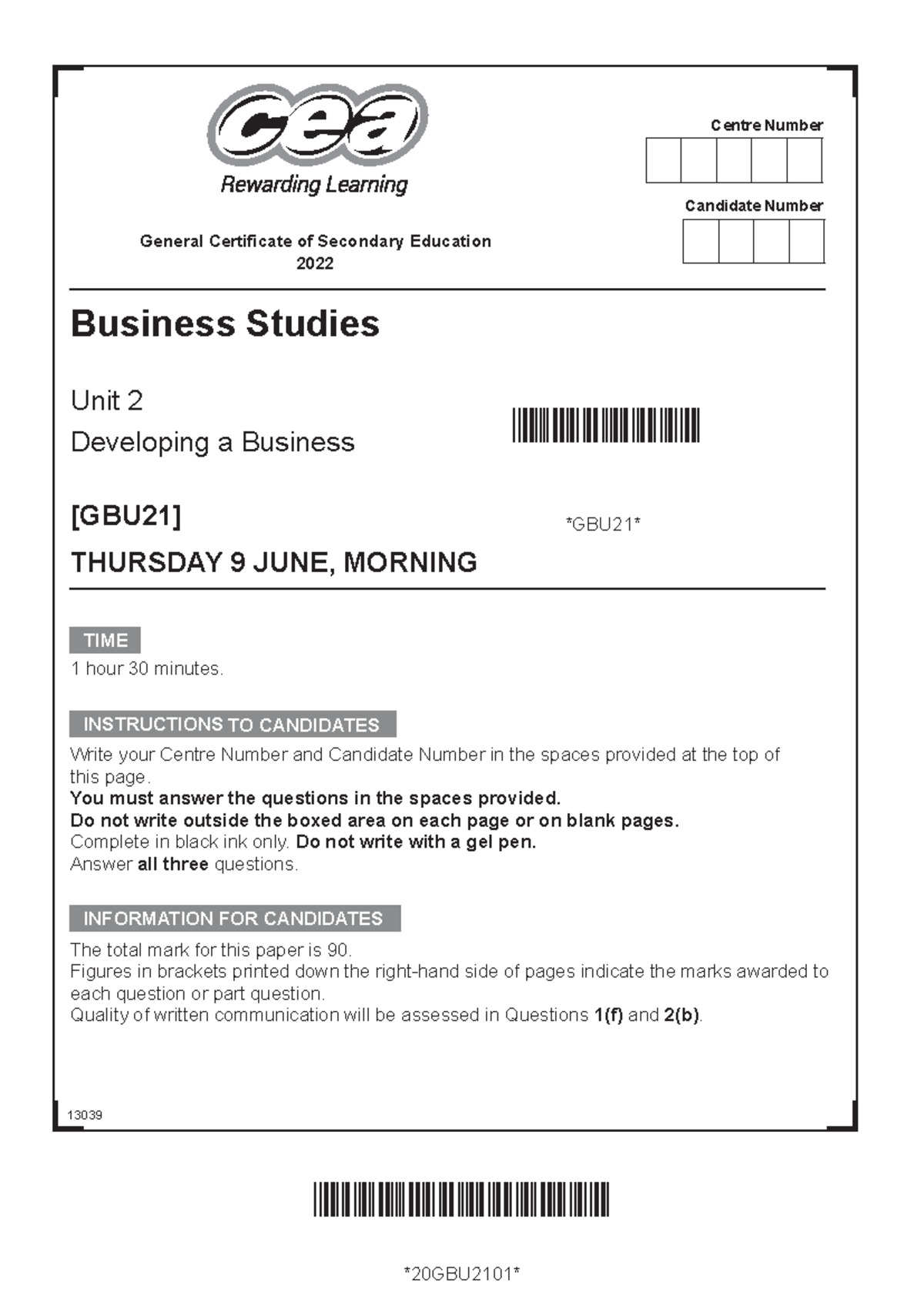 Gcse Business Studies 466 Summer 2022 Unit 2 Developing A Business Paper 20gbu2101 13039 Gcse Business Studies 466 Summer 2022 Unit 2 Developing A Business Paper 20gbu2101 13039