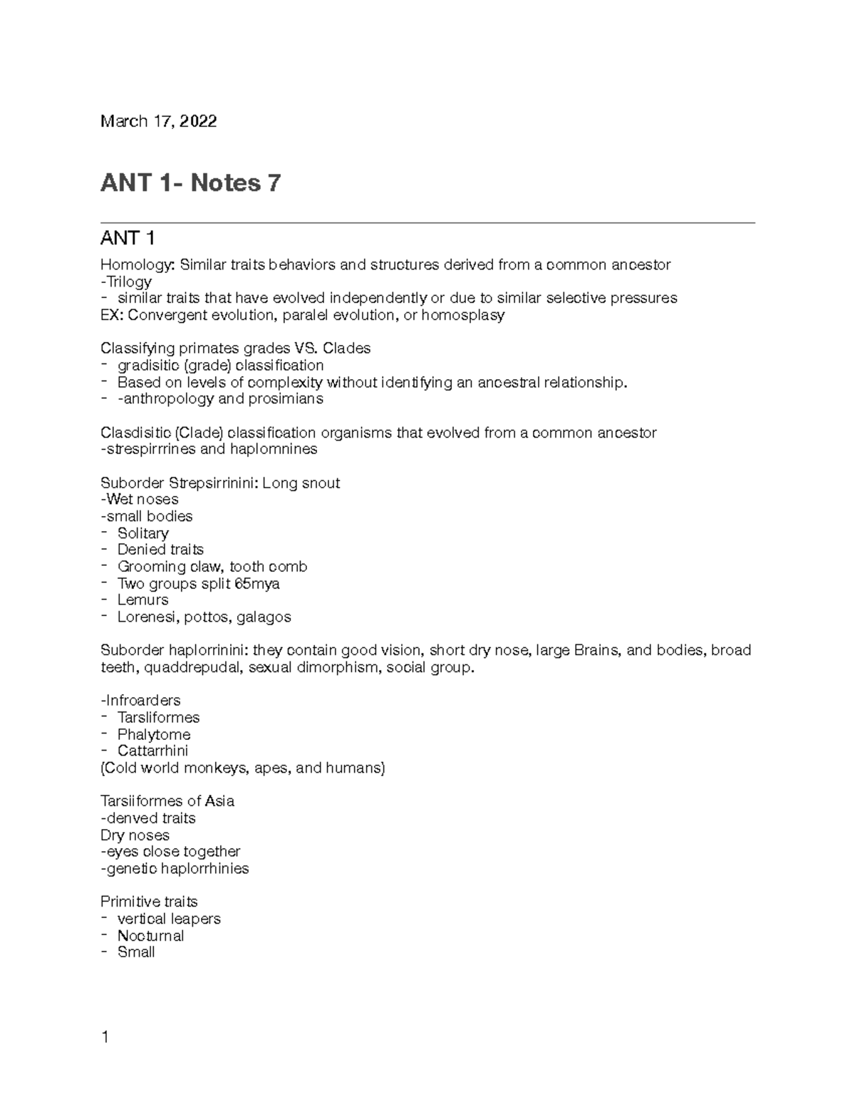 ANT 1 Notes 7 - March 17, 2022 ANT 1- Notes 7 ANT 1 Homology: Similar ...