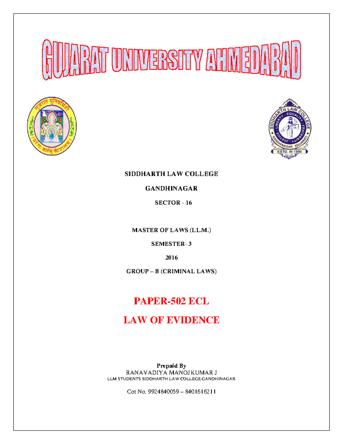 502 LAW OF Evidence english SIDDHARTH LAW COLLEGE GANDHINAGAR SECTOR