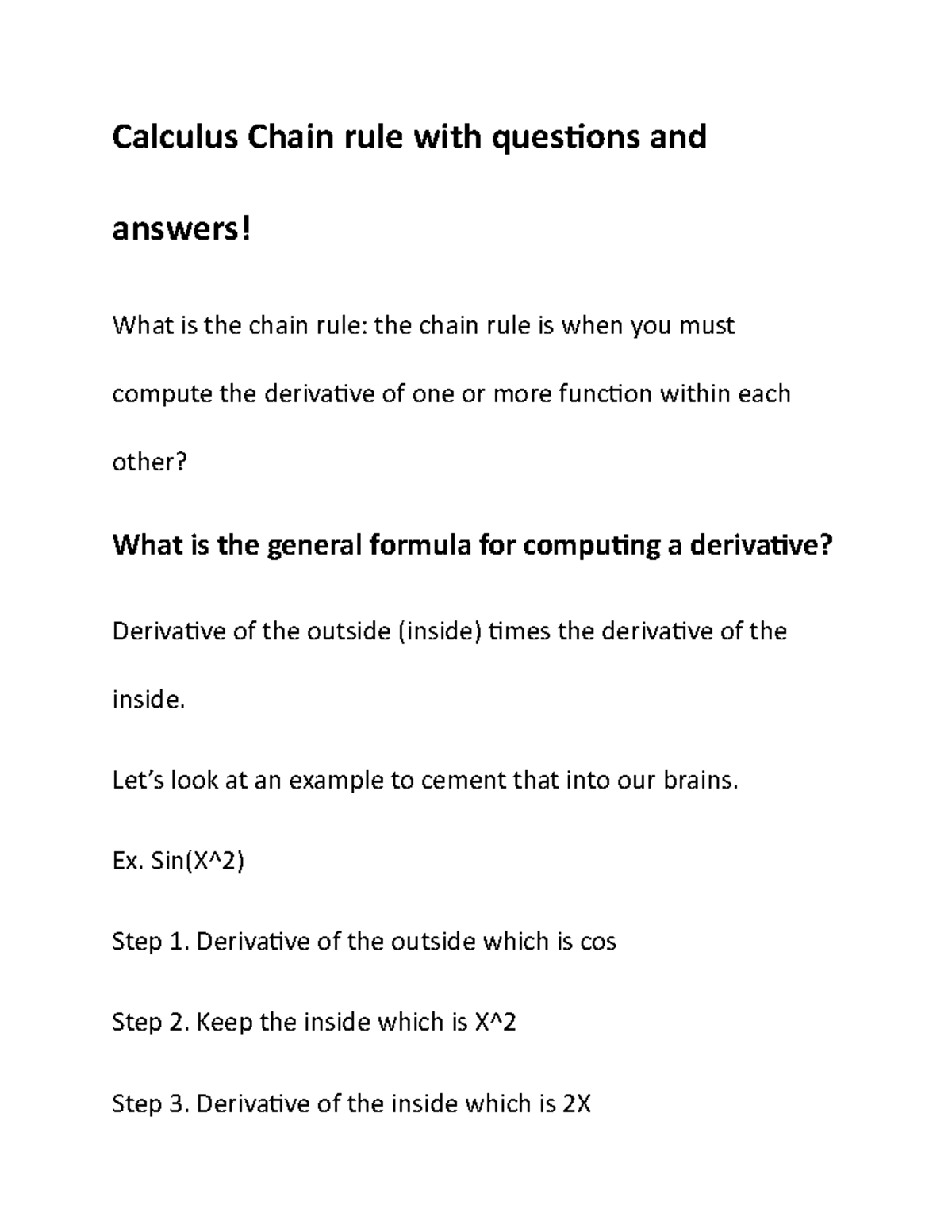 Chain Rule summary Calculus Calculus Chain rule with questions and