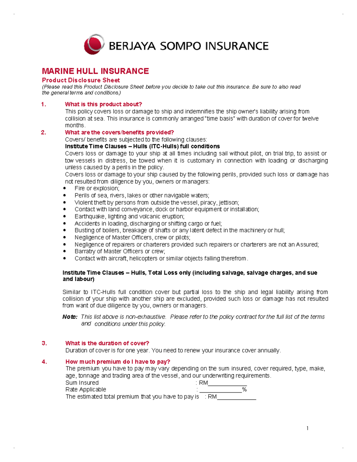 Marine hull 0918 - 1 MARINE HULL INSURANCE Product Disclosure Sheet ...
