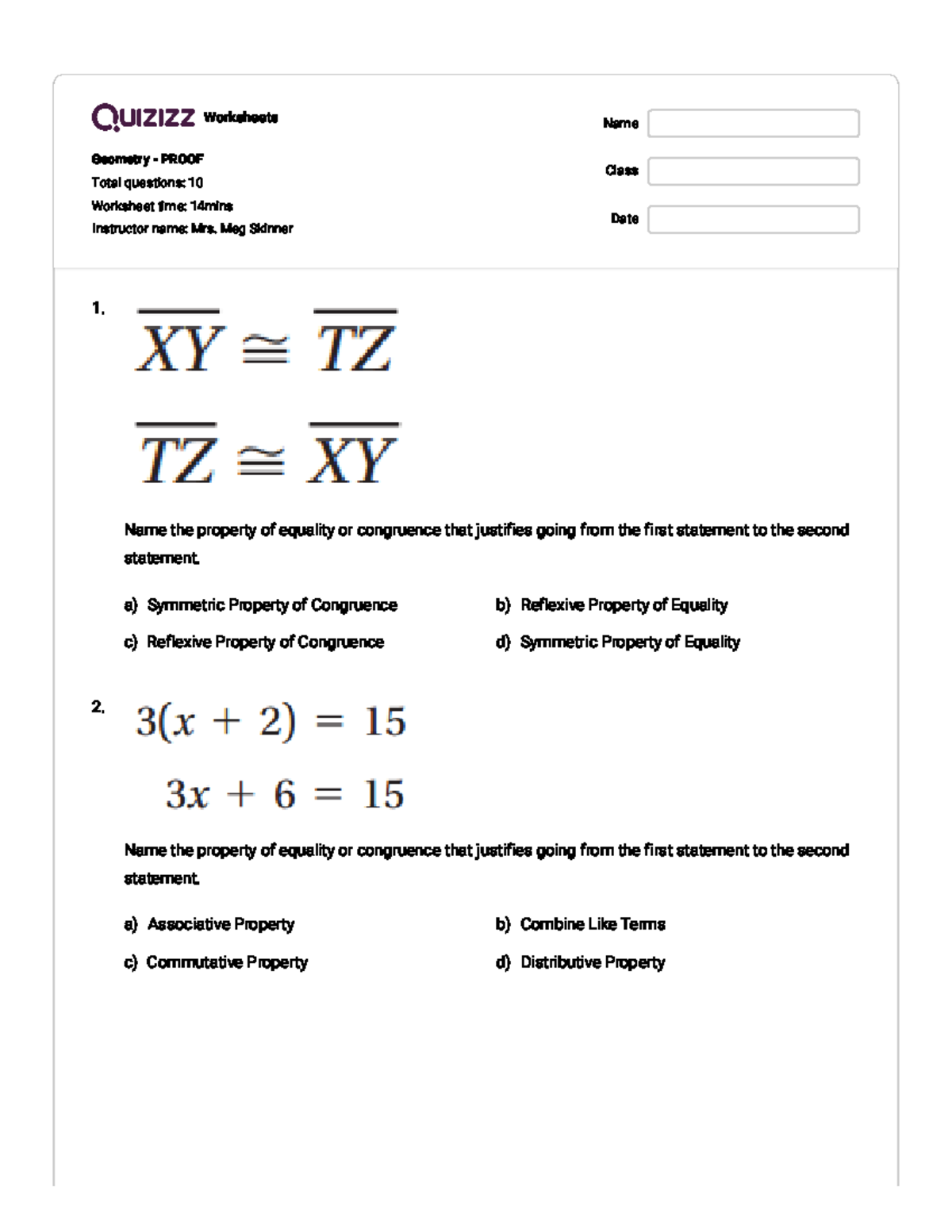 Quizizz - Geometry - Proof - Worksheets Geometry - PROOF Total ...