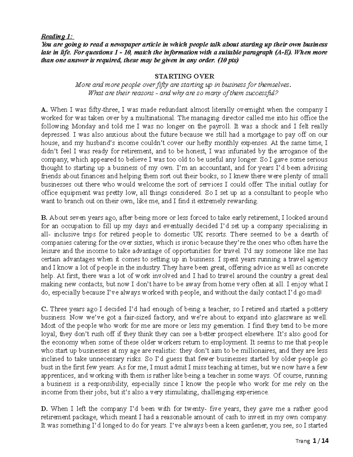 Reading - On thi HSG - Reading 1: You are going to read a newspaper ...