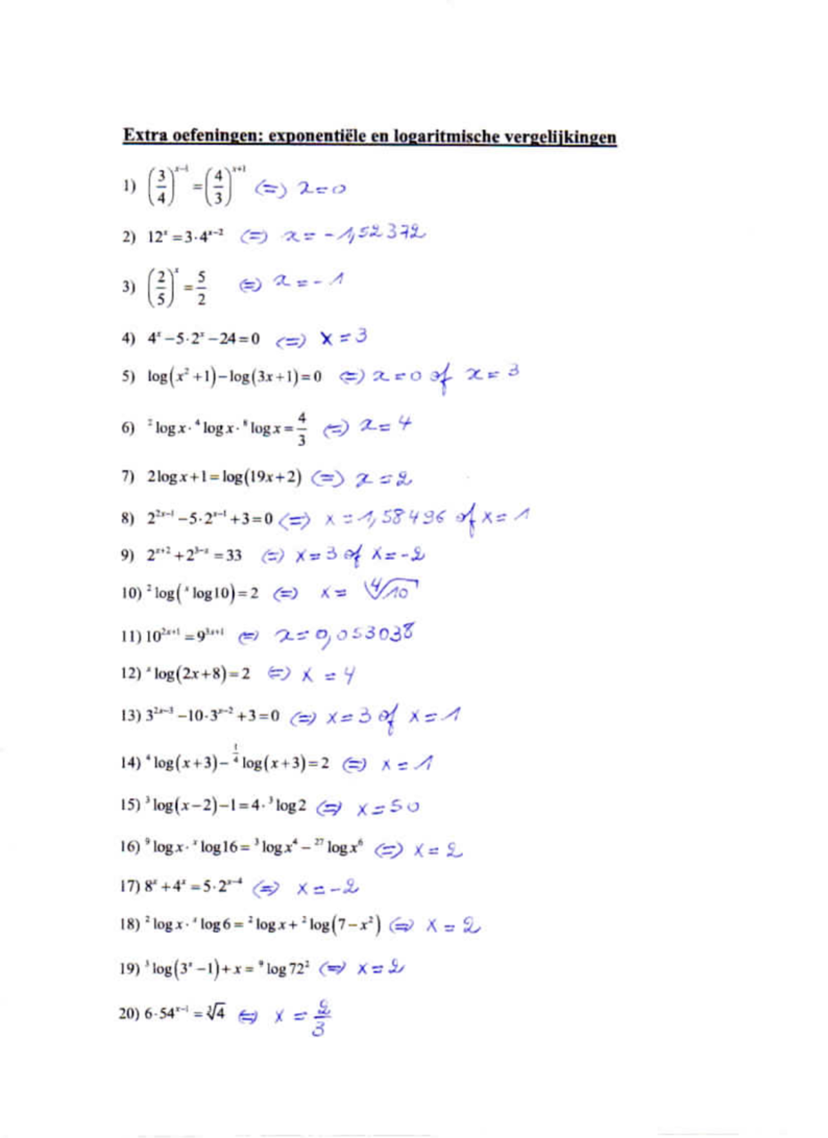 Oplossingen Extra Oefeningen Exp En Log Vergelijkingen - Wetenschappen ...