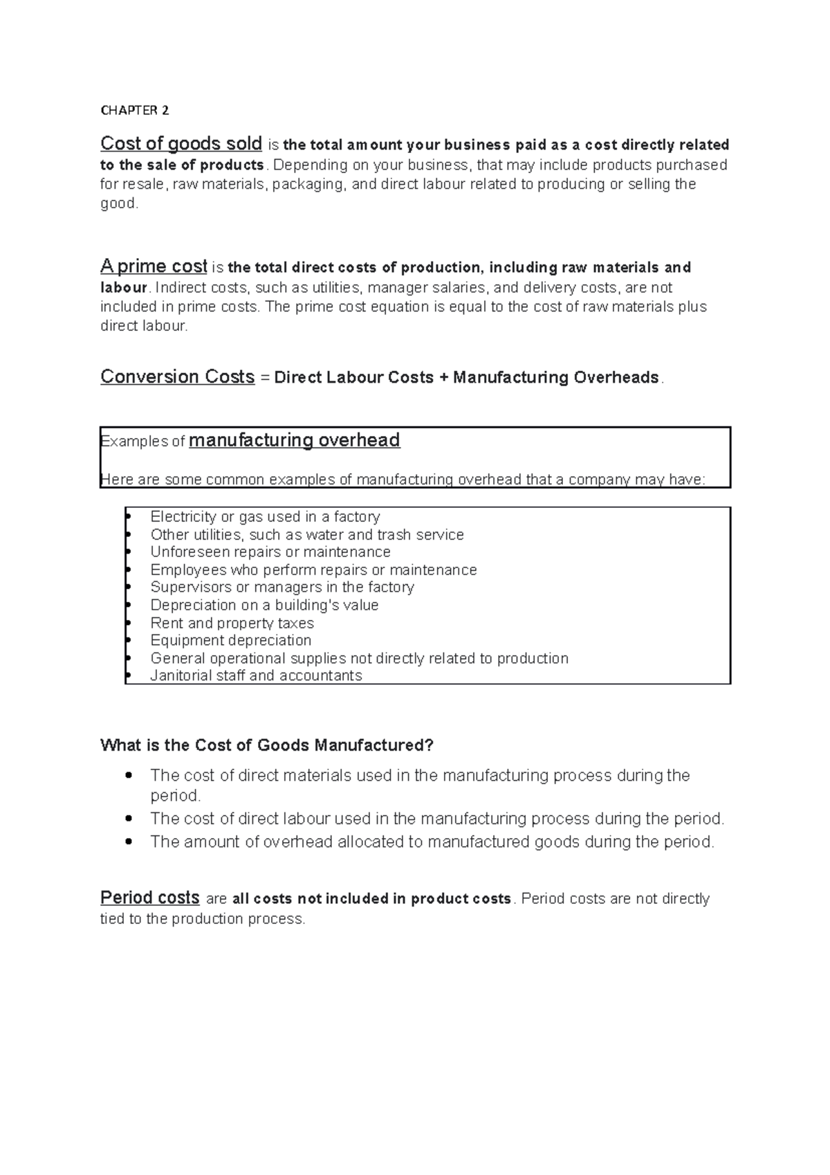 MAnagement Accounting Notes - CHAPTER 2 Cost of goods sold is the total ...