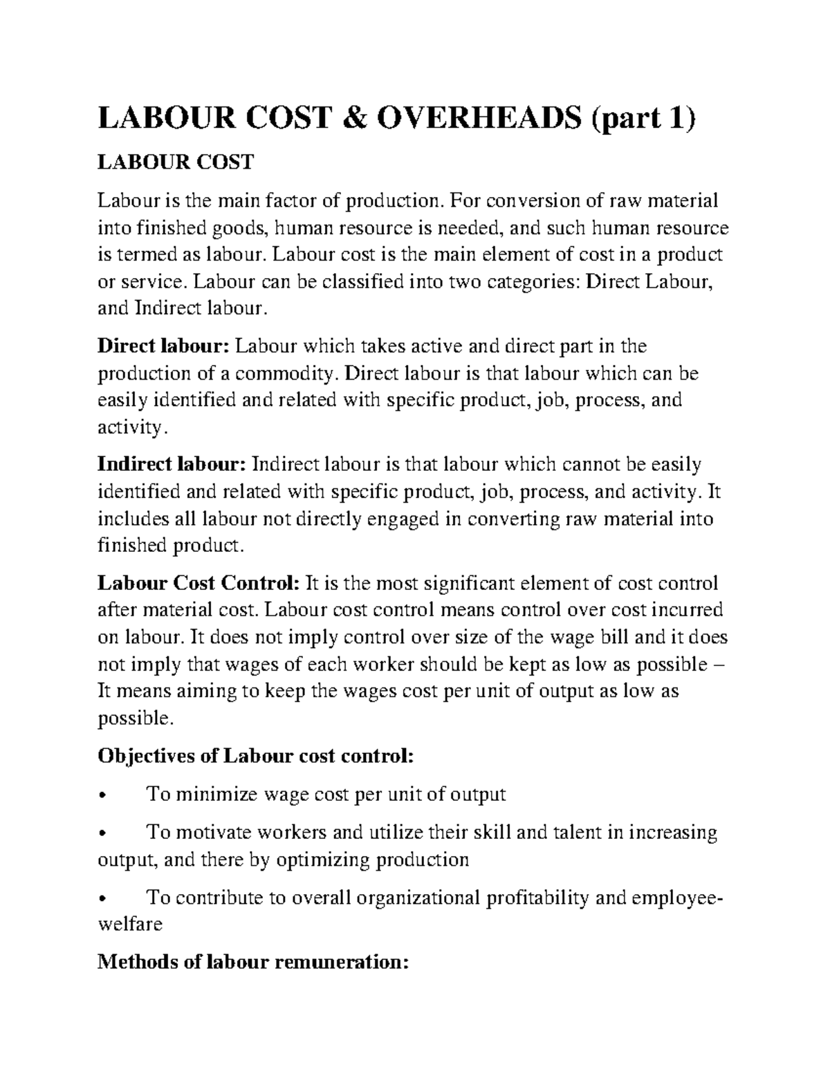 Labour COST AND Overheads part 1 LABOUR COST & OVERHEADS (part 1