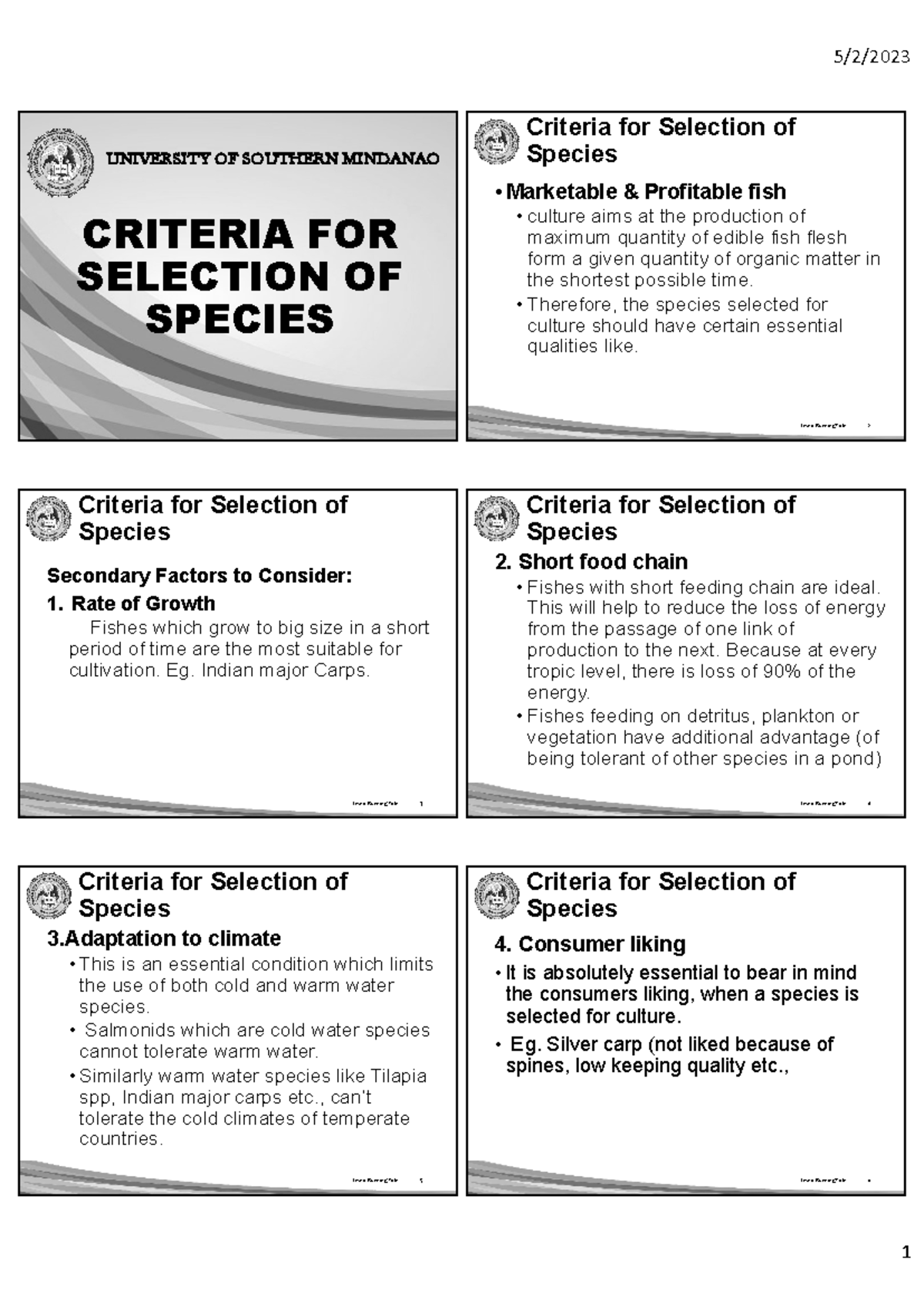Picture of Aqua Criteria for Selection of Species - 5/2/ 1 UNIVERSITY OF SOUTHERN ...