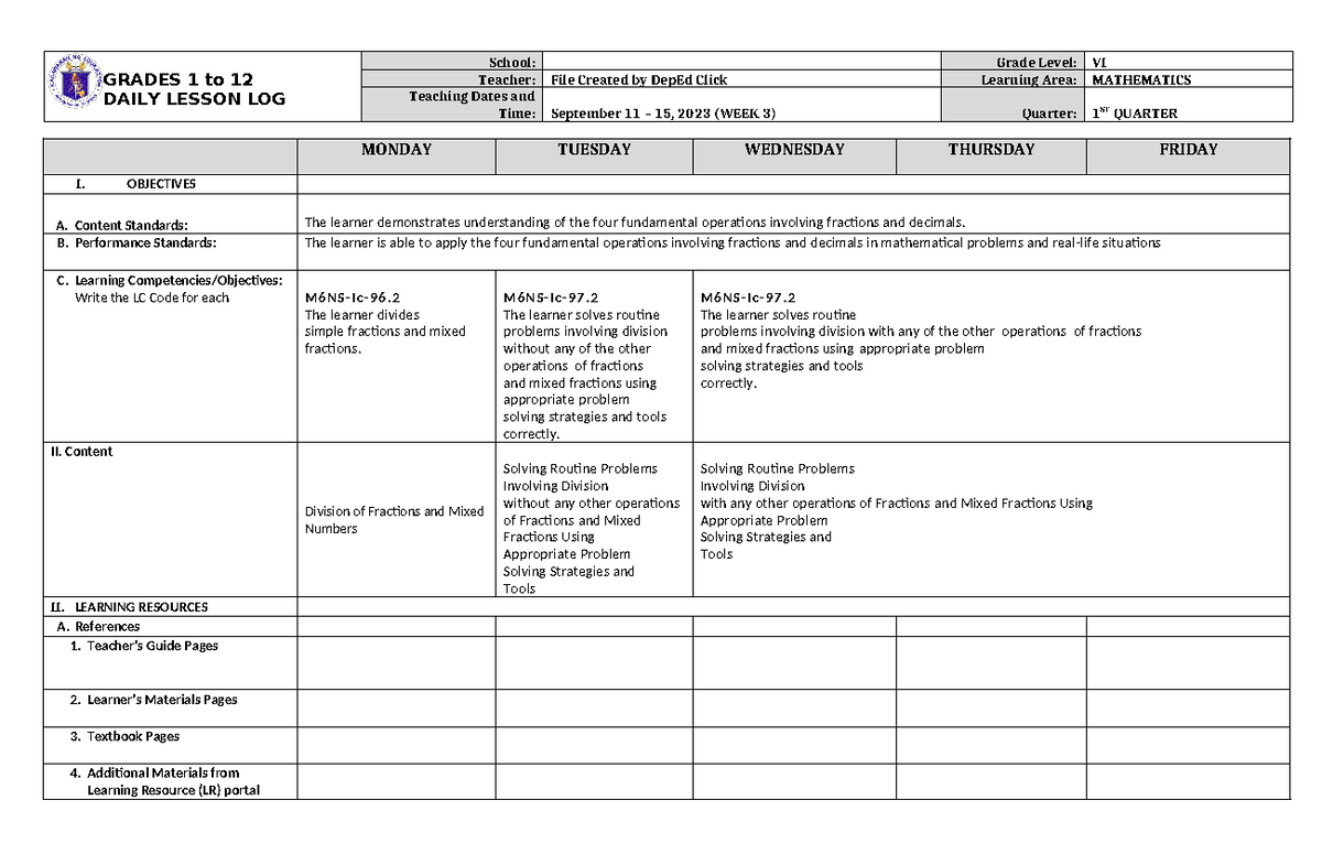 DLL Mathematics 6 Q1 W3 - DLL - GRADES 1 to 12 DAILY LESSON LOG School ...