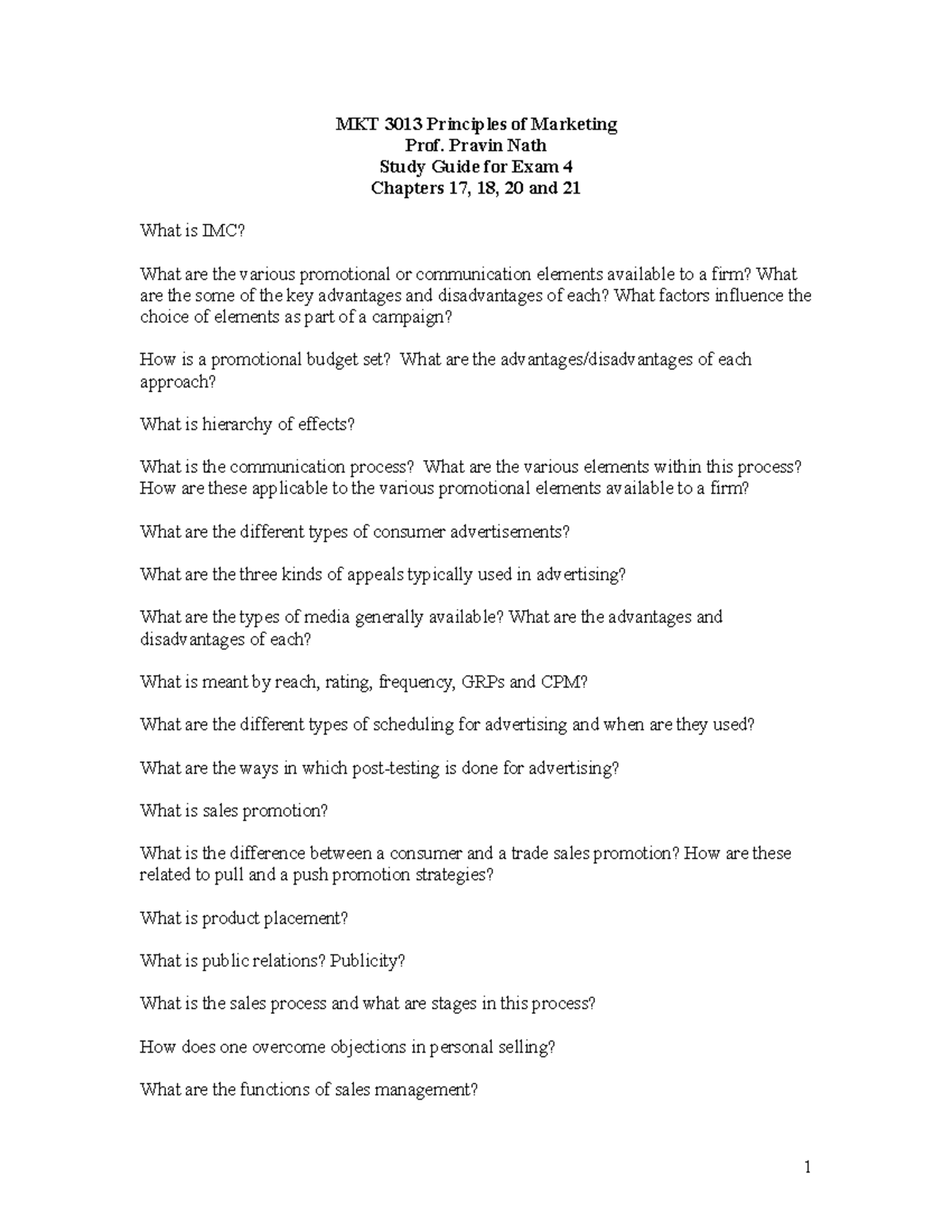 Provided Study Guide 4 - Summary Principles Of Marketing - MKT 3013 ...