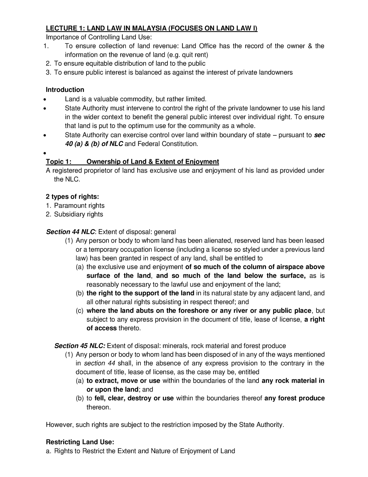 1. Land Law - 1. Land Law - Lecture 1: Land Law In Malaysia (focuses On 