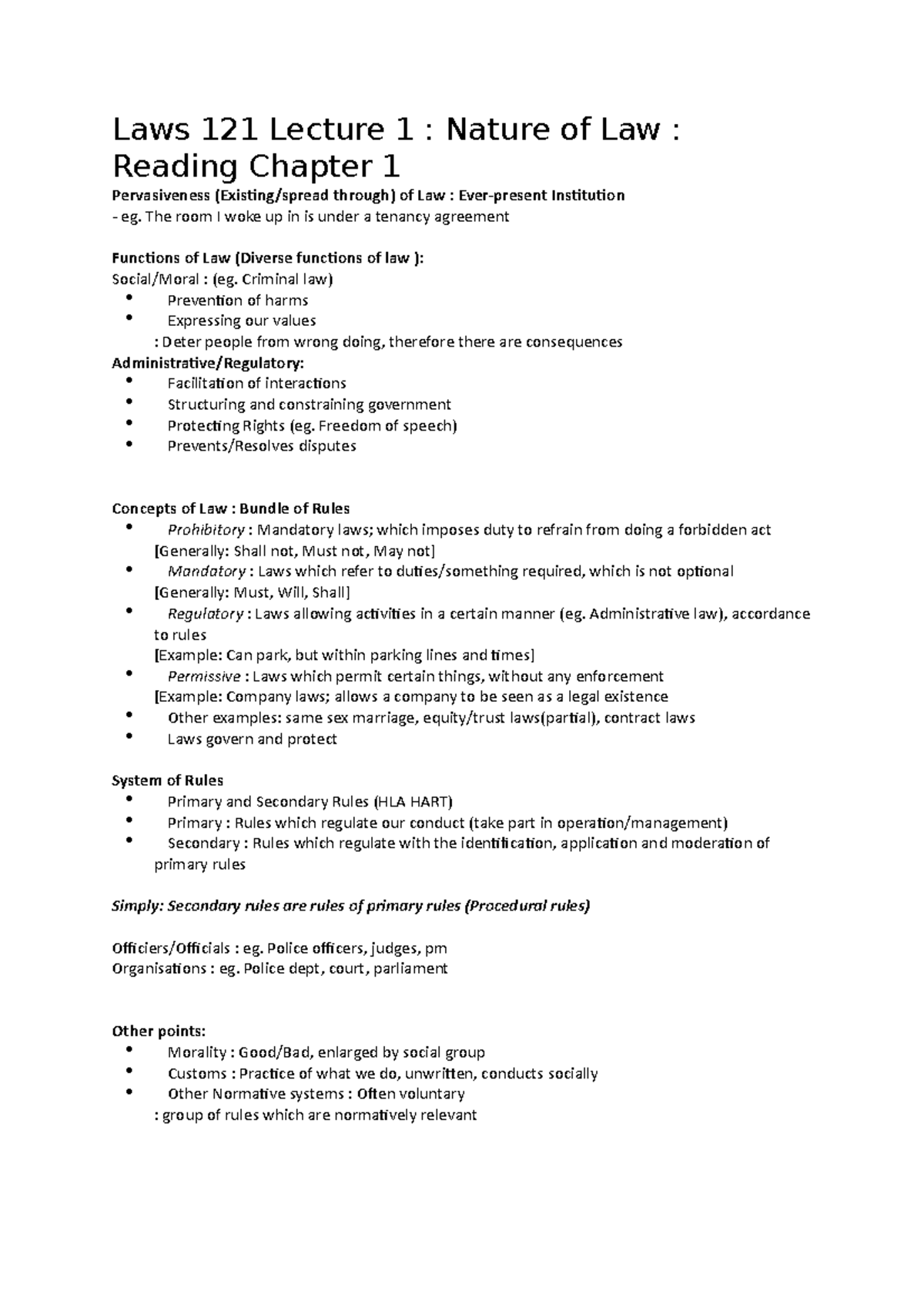 Lecturenotes - Lecture notes 1 - Laws 121 Lecture 1 : Nature of Law ...