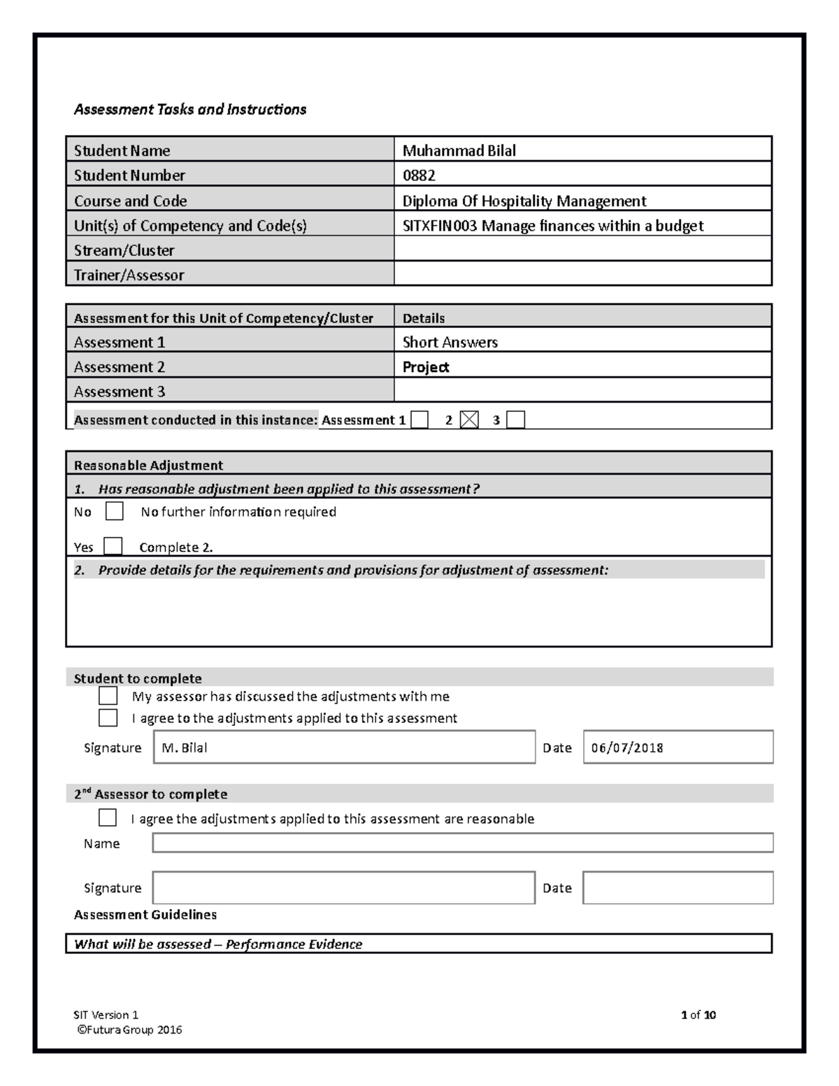 Sitxfin 003 Assessment 2 -ProjectAssessment Assessment Assessment ...