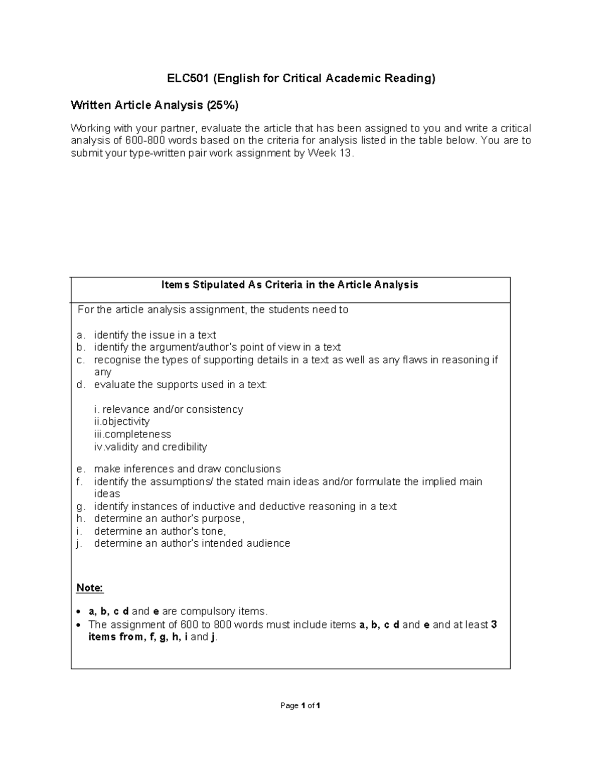 ELC501 Written Analysis Guideline - Page 1 Of 1 Items Stipulated As ...