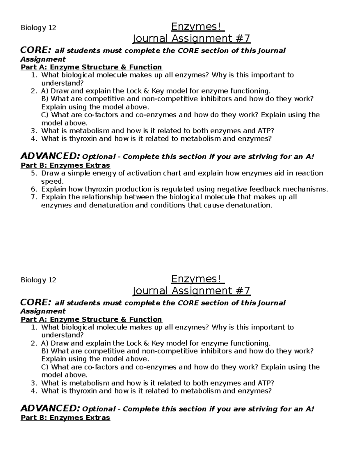 Journal exercise enzymes Biology 12 Enzymes! Journal Assignment CORE