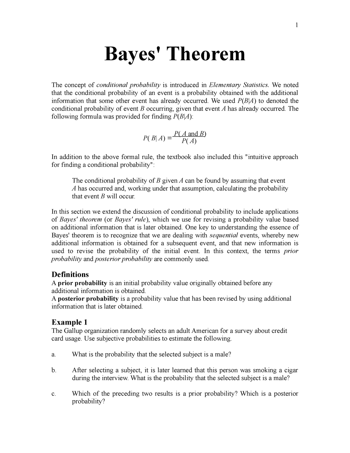 Bayes Theorem - CLASS NOTES - 1 Bayes' Theorem The Concept Of ...