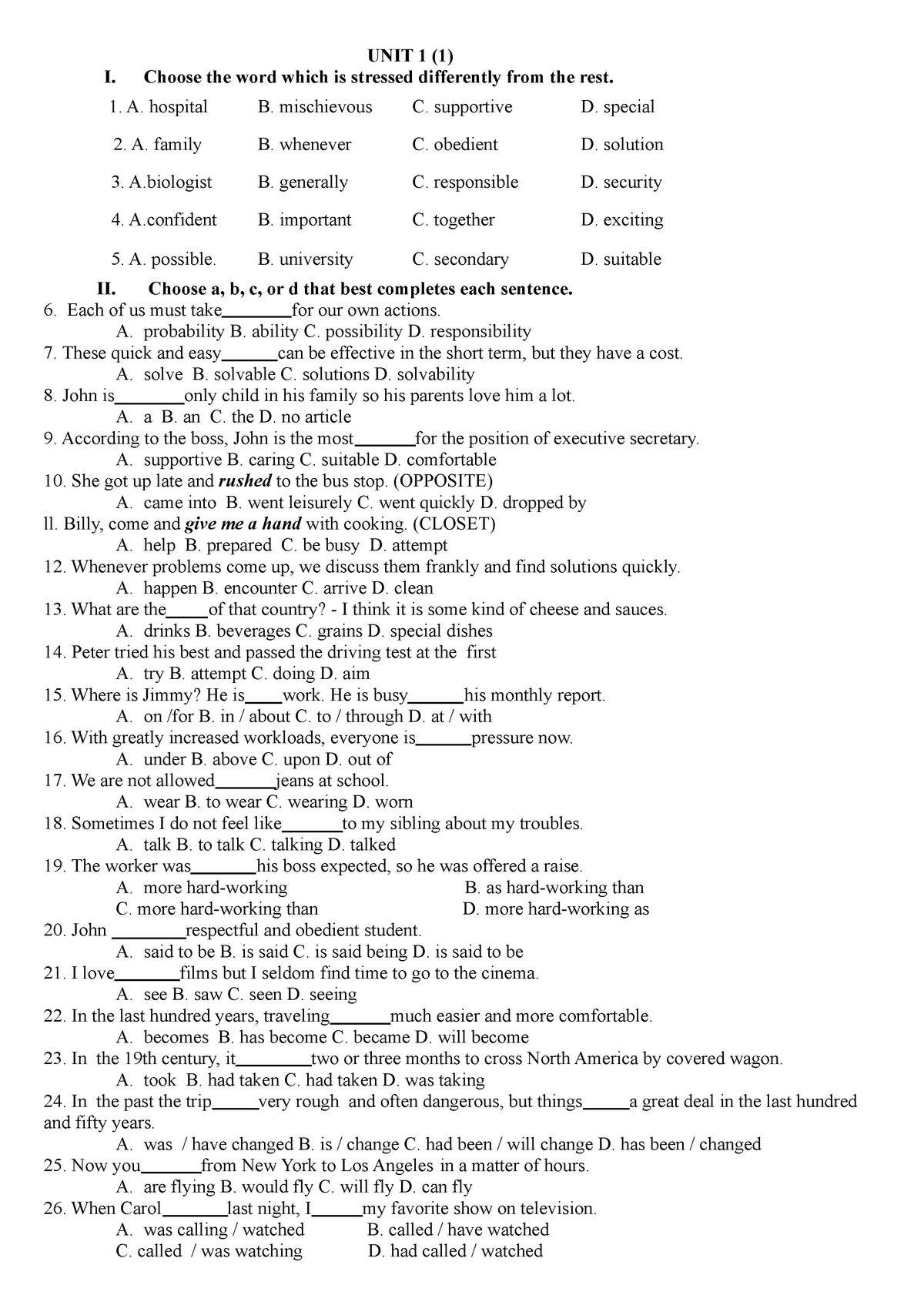 [UNIT 1][G12] - For Practice - UNIT 1 (1) I. Choose The Word Which Is ...