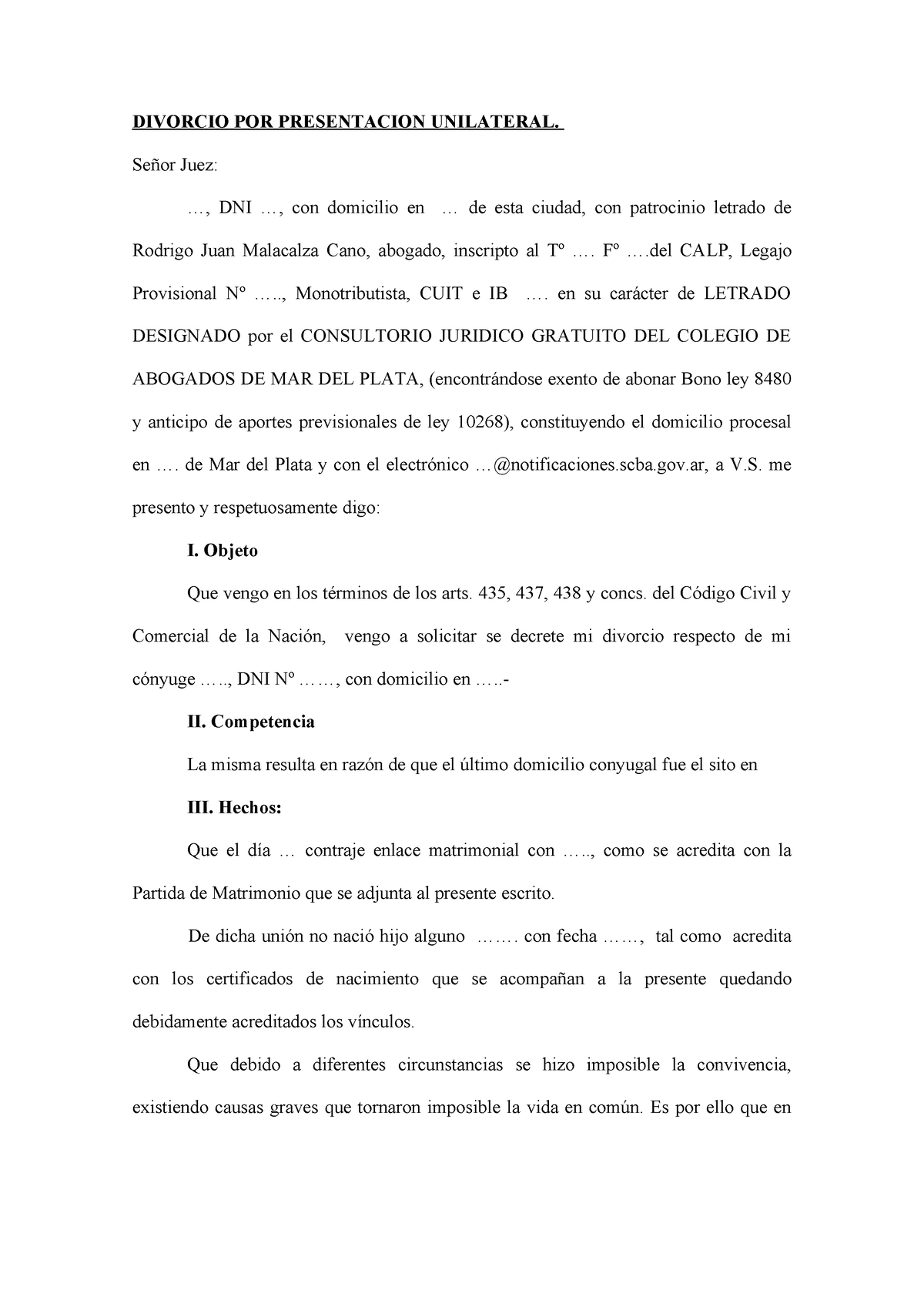 Modelo Divorcio Unilateral Sin Propuesta De Acuerdo Divorcio Por