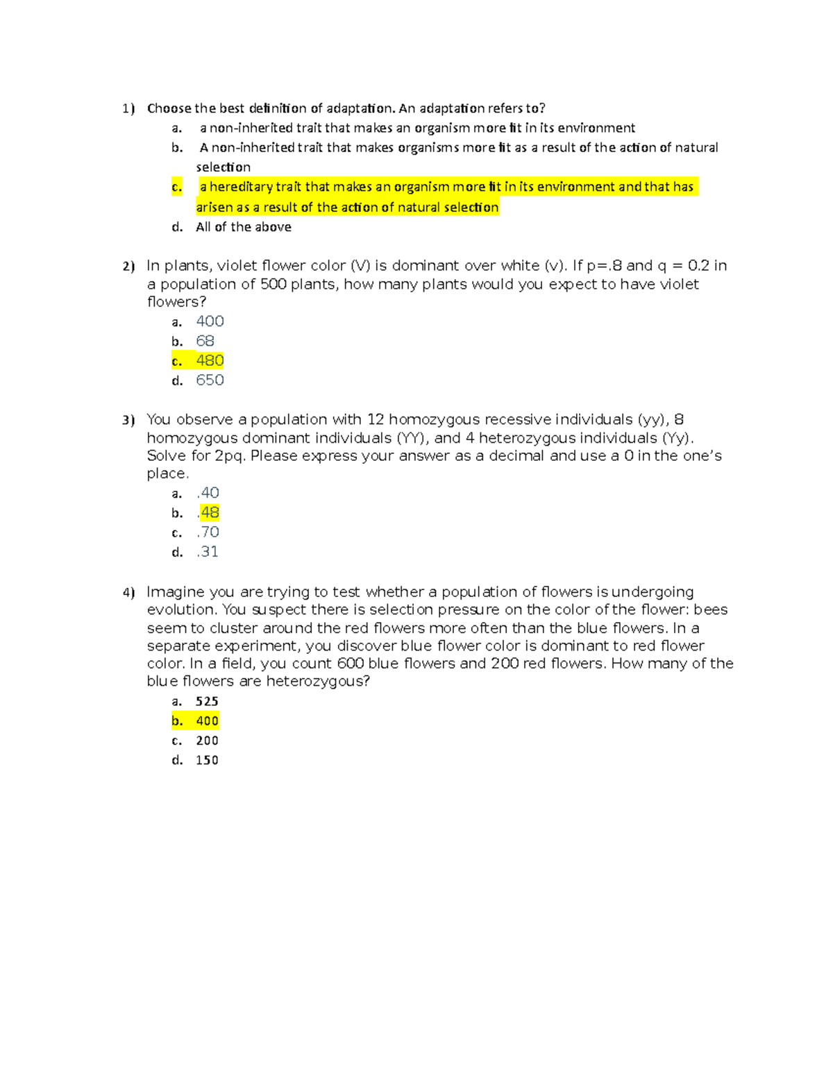 Hardy W HW 1 Answer key - Choose the best definition of adaptation. An ...