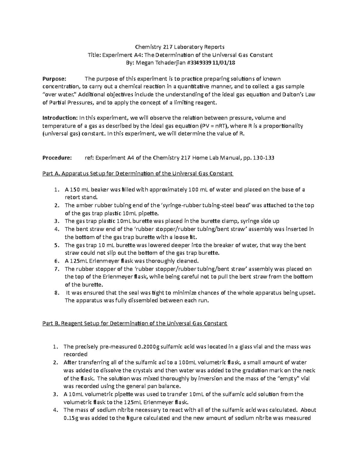 LABA4 - Lab A4 experiment - Chemistry 217 Laboratory Reports Title ...