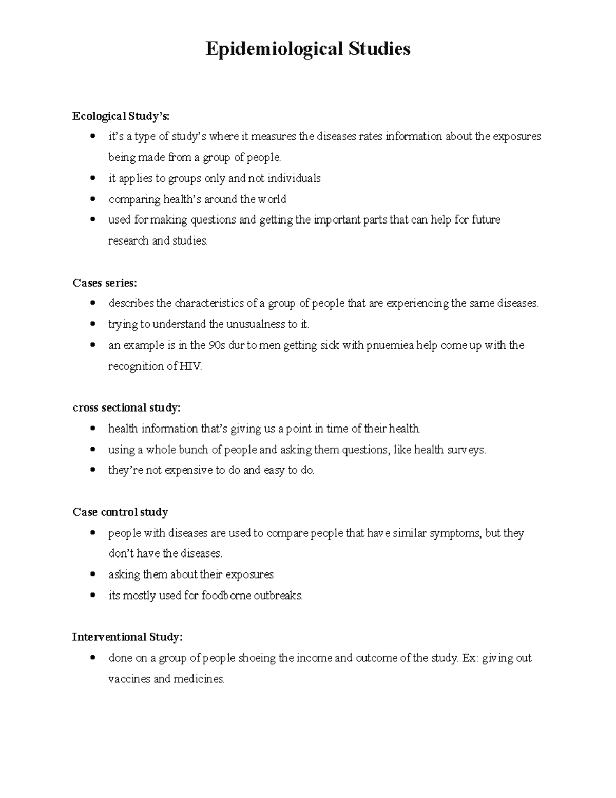 Epidemiological study notes - Epidemiological Studies Ecological Study ...