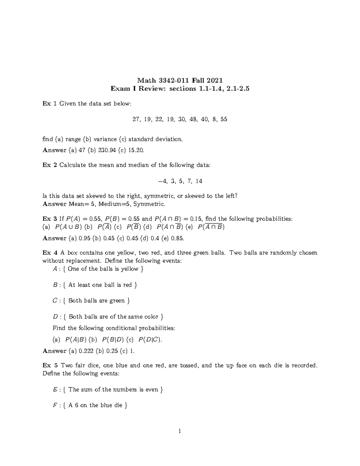 MATH 3342 Exam 1 Review - Math 3342-011 Fall 2021 Exam I Review ...