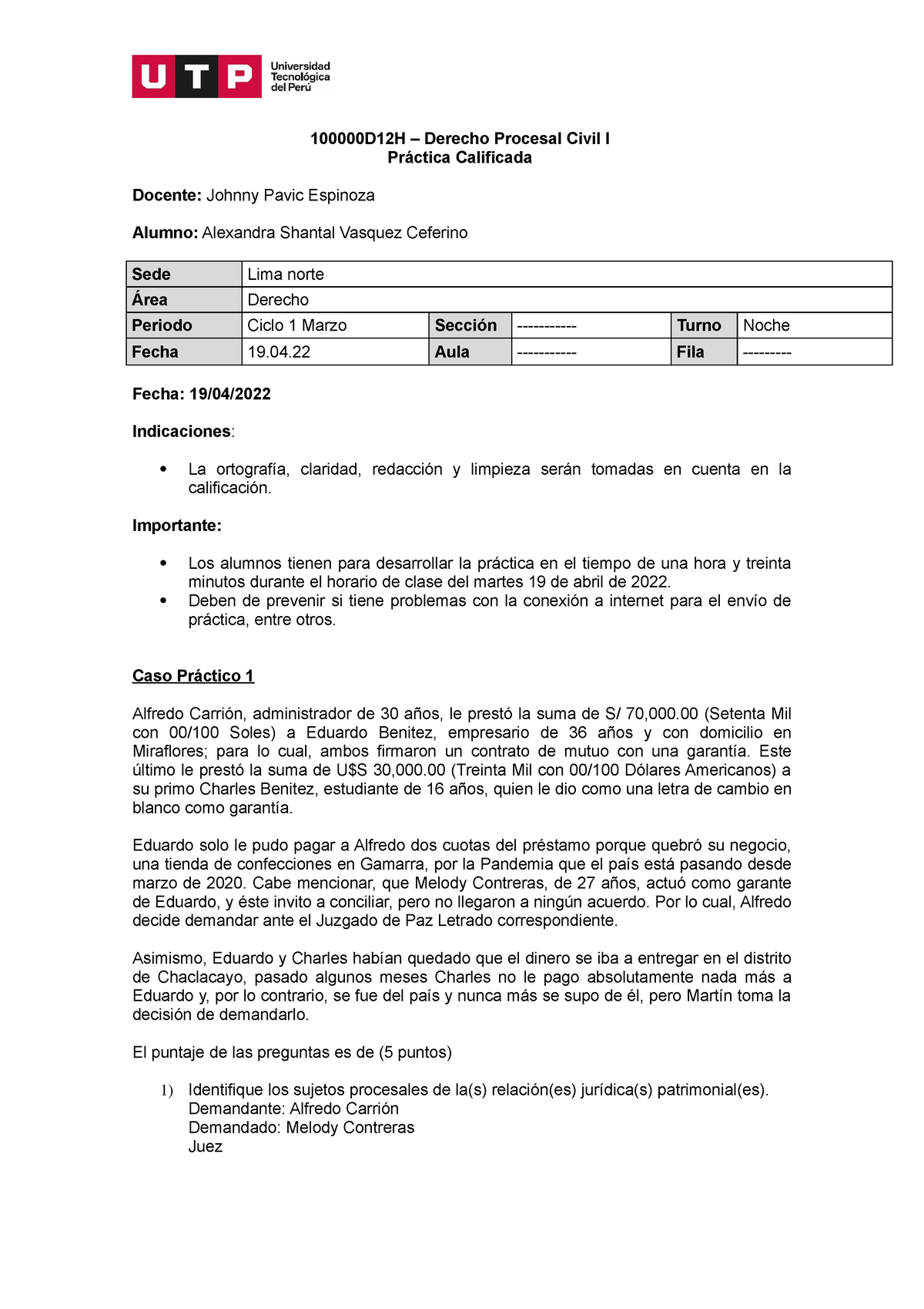 Practica Calificada - D. Procesal Civil I - 100000D12H – Derecho ...