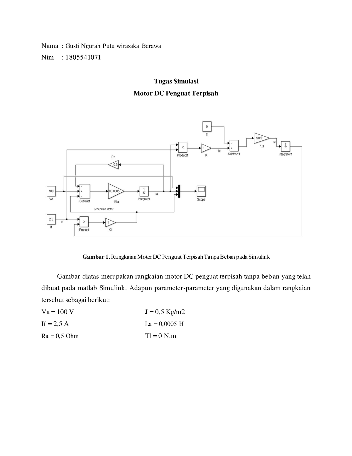 Tugas Simulasi Motor DC Penguat Terpisah - Nama : Gusti Ngurah Putu ...