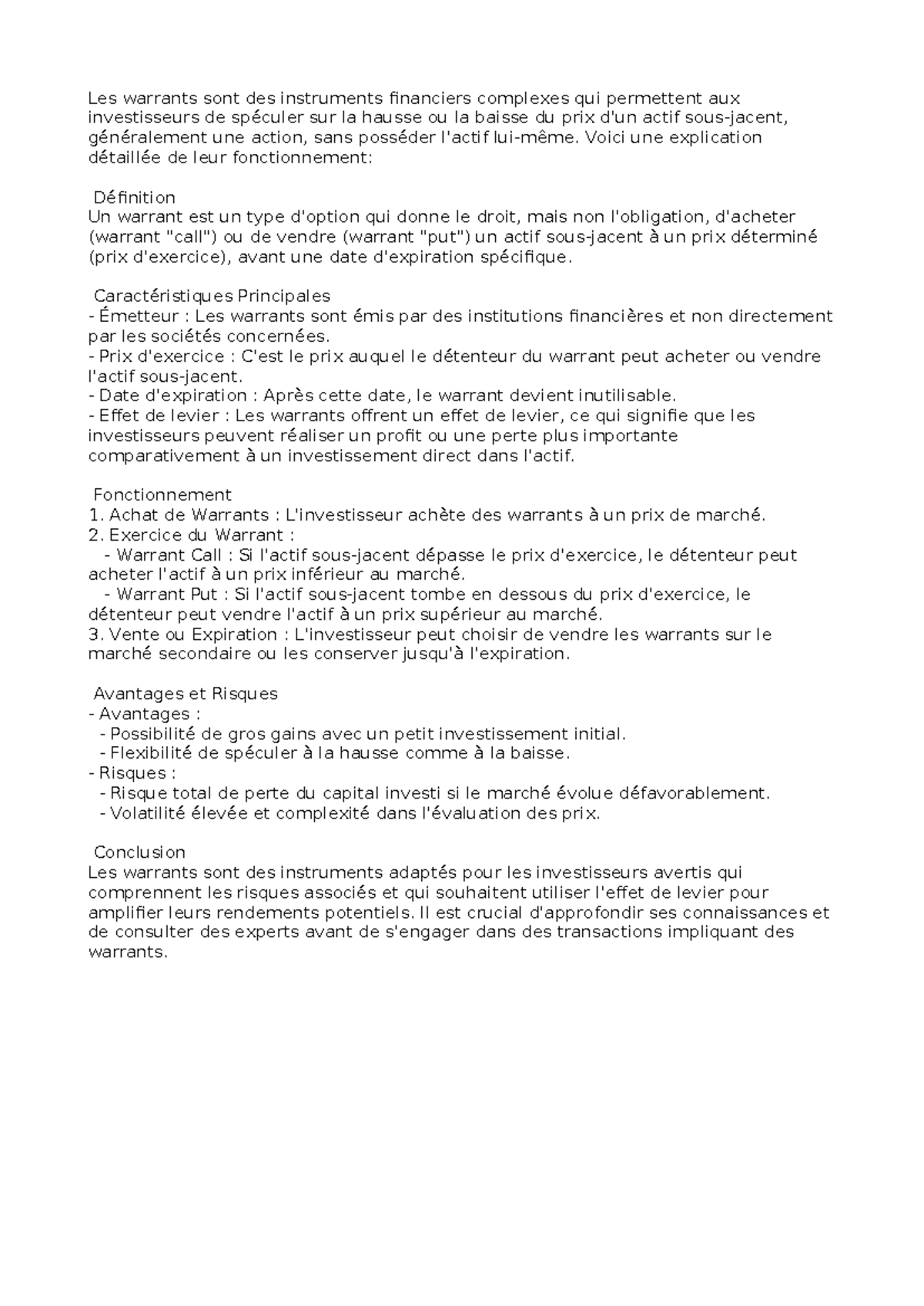 Warrant - Résumé Corporate FInance - Les warrants sont des instruments ...