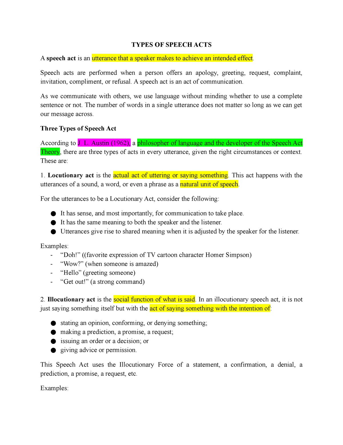 types of speech act worksheet