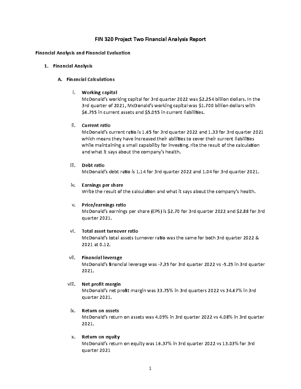 FIN 320 Project Two Financial Analysis Report - Financial Calculations ...