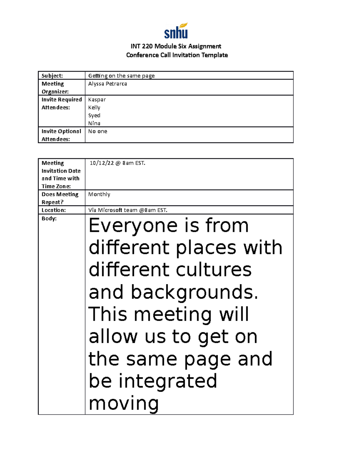 INT 220 Conference Call Invitation Template - INT 220 Module Six