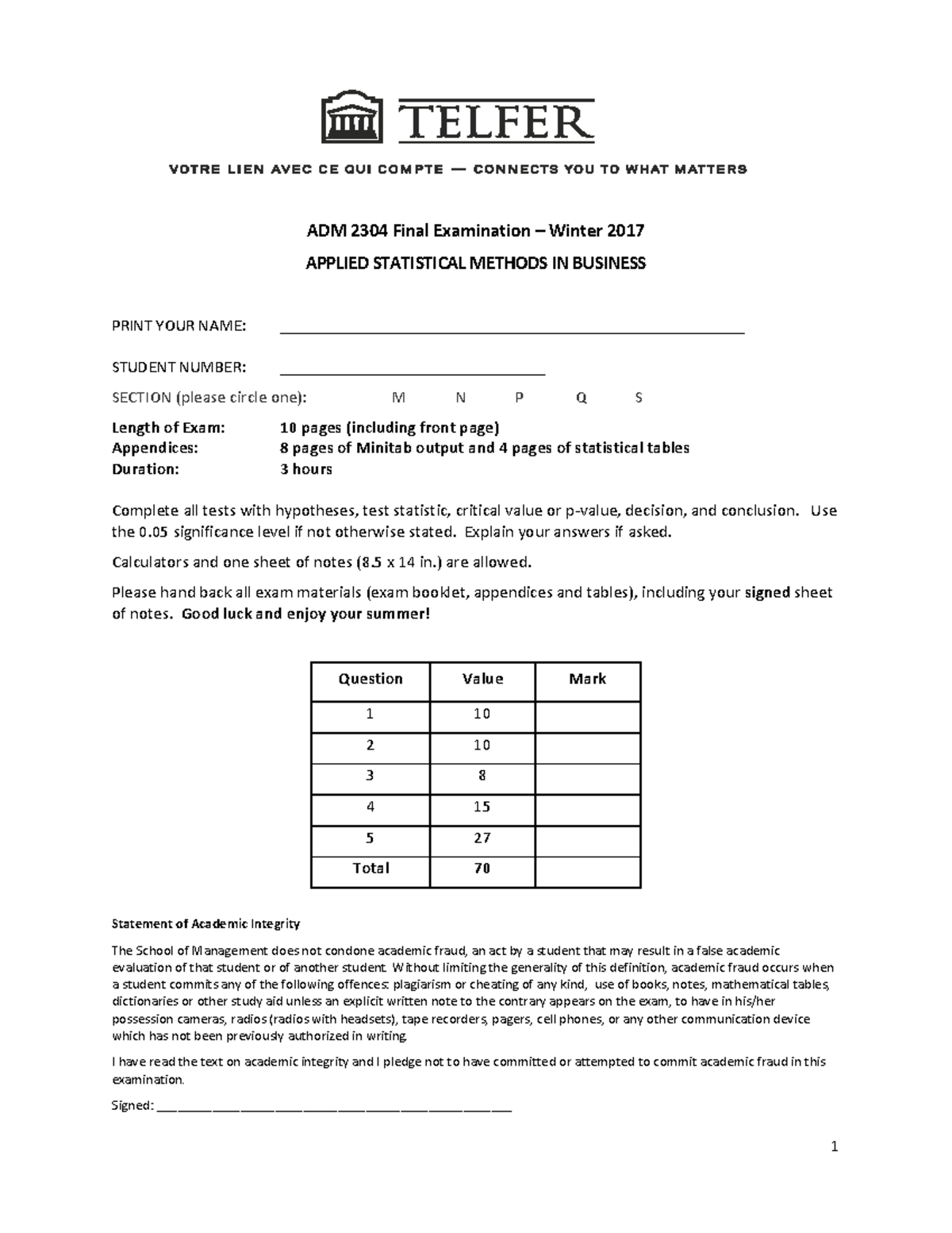 Fx2304 W17 Final 2017 Adm 2304 Final Examination 3 Winter 2017 Applied Statistical Methods Fx2304 W17 Final 2017 Adm 2304 Final Examination 3 Winter 2017 Applied Statistical Methods