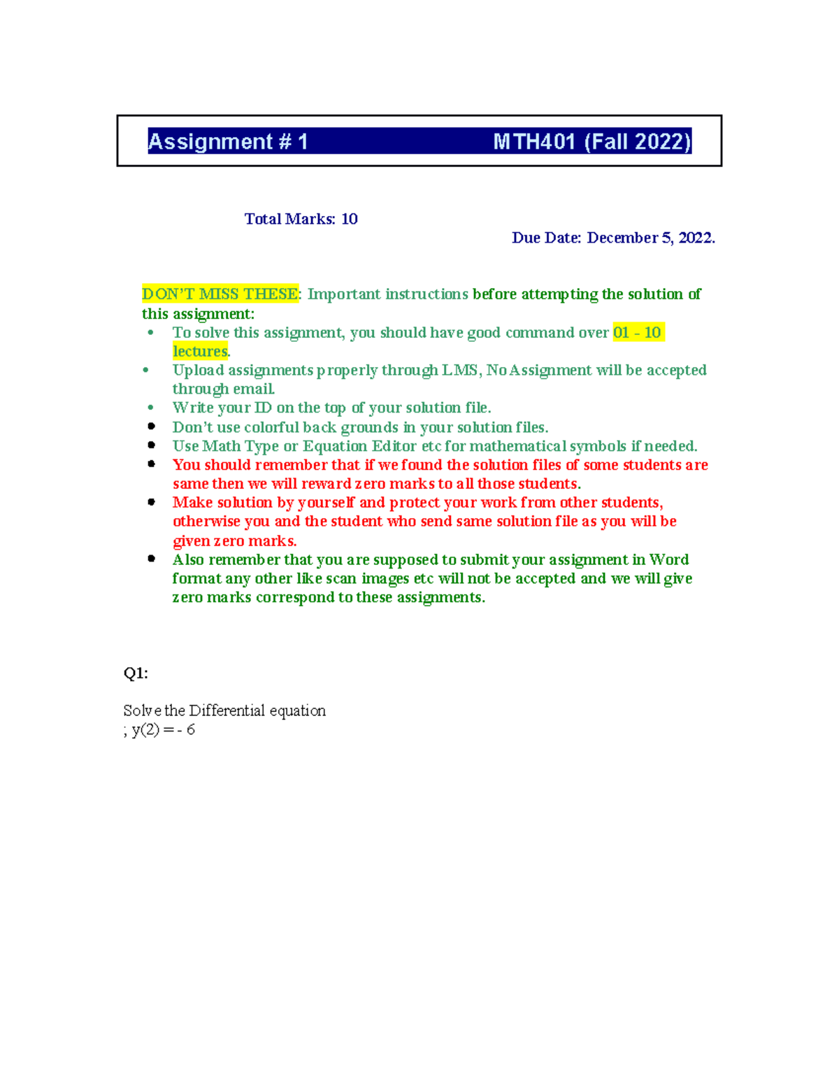 Fall 2022 Mth401 1 Easyy Assignment 1 Mth 401 Fall 20 22 Total Marks 10 Due Date Fall 2022 Mth401 1 Easyy Assignment 1 Mth 401 Fall 20 22 Total Marks 10 Due Date