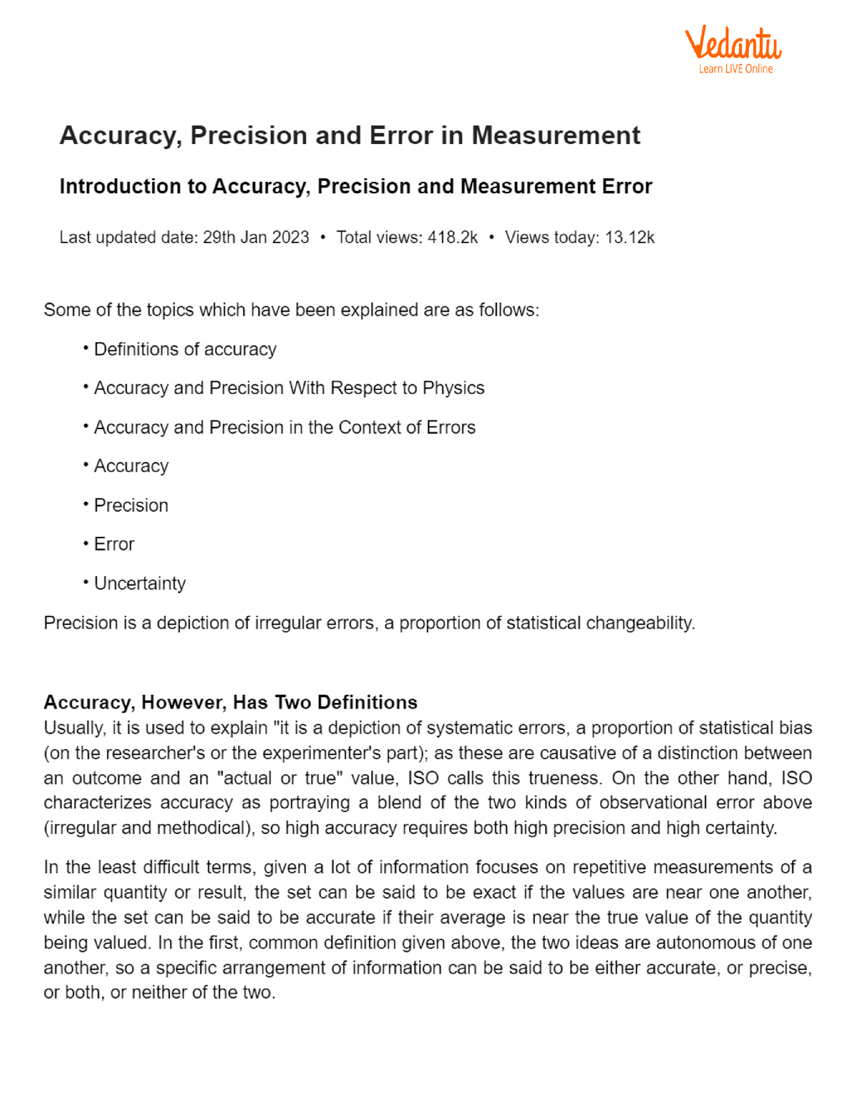 Accuracy, Precision And Error In Measurement - B.tech CSE - Studocu