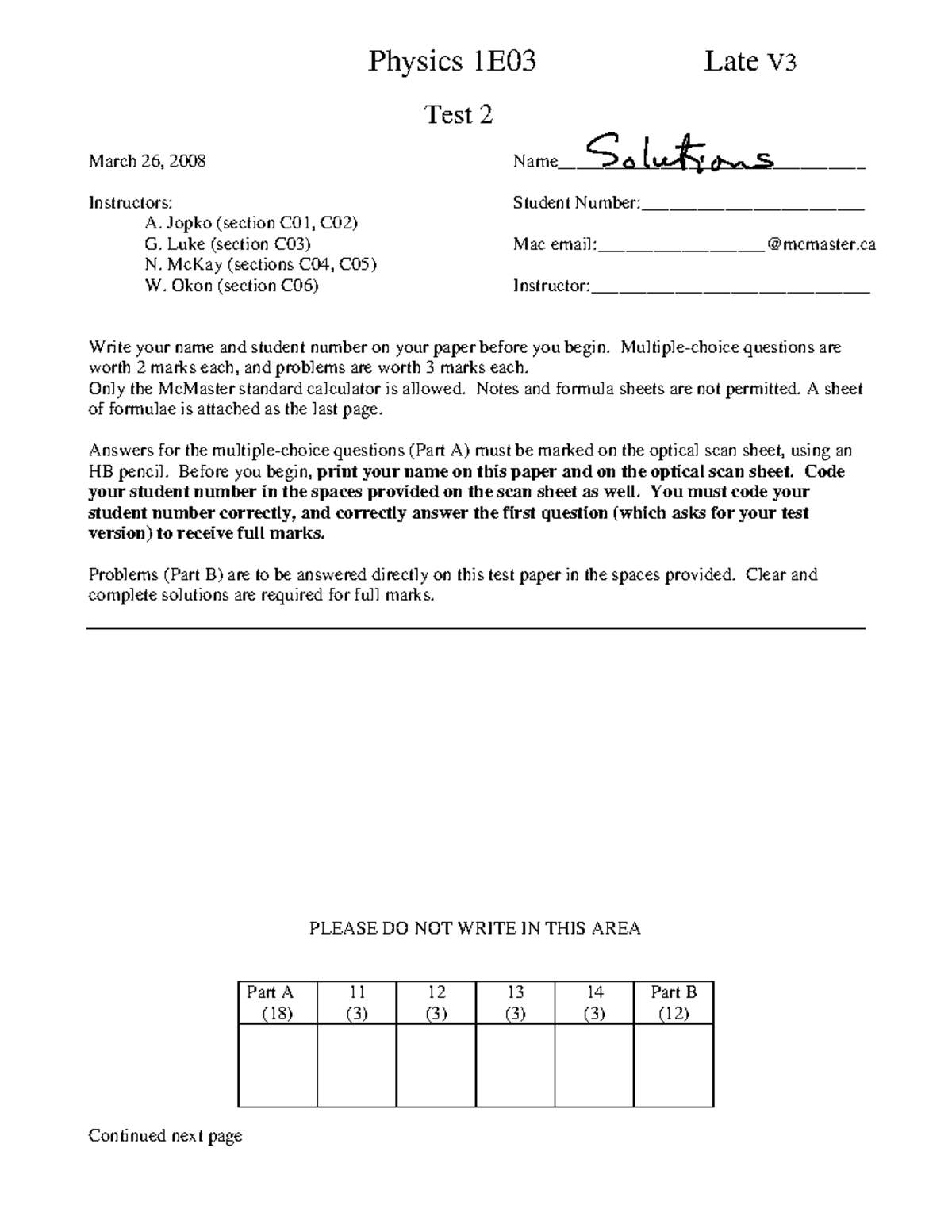 2008 Solutions v3 - Practice Test - Physics 1E03 Late V Test 2 March 26 ...