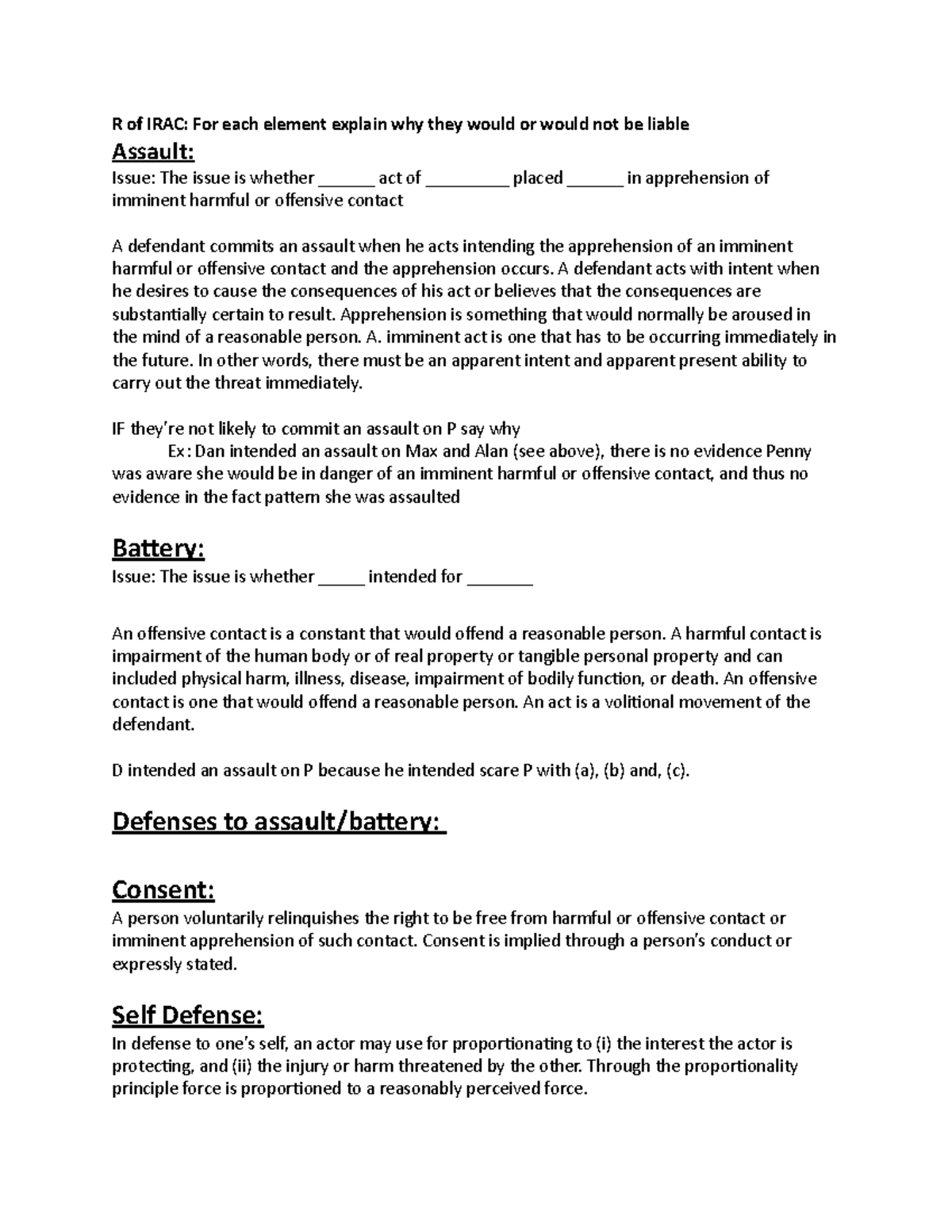 Intentional Torts quick check - R of IRAC: For each element explain why ...