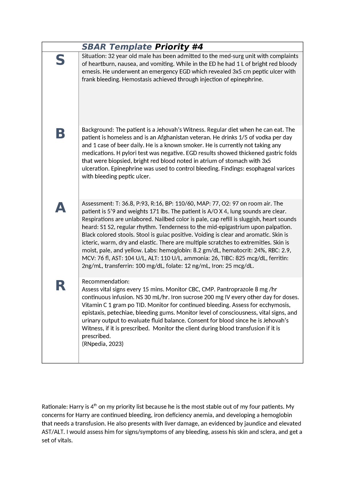 Happy Potter SBAR - SBAR Template Priority S Situation: 32 year old ...