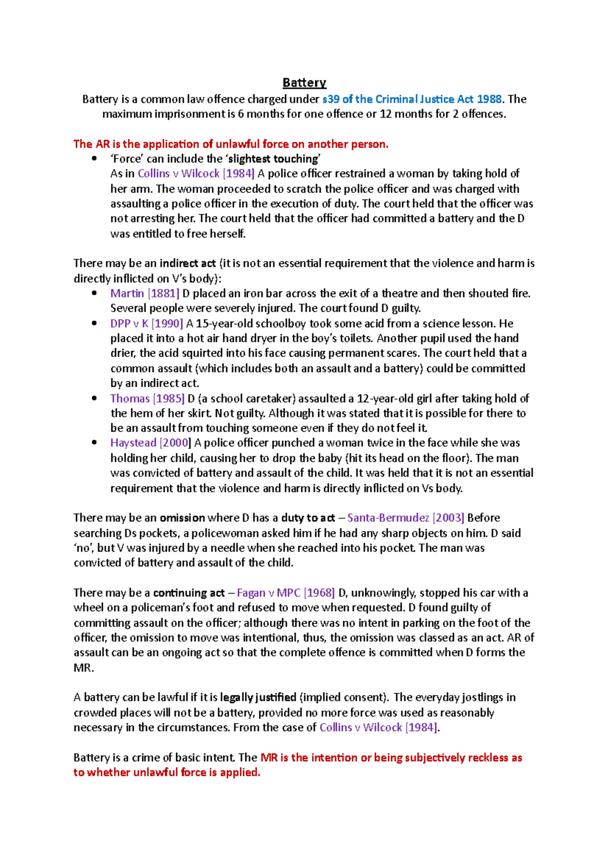 Battery lecture notes Battery Battery is a common law offence