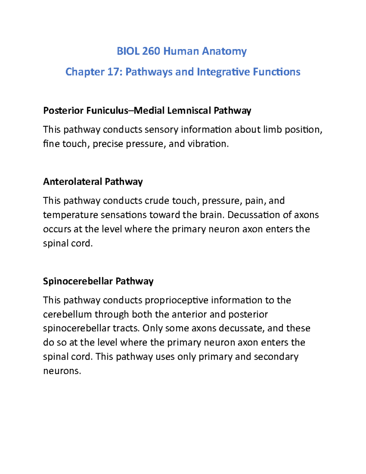 BIOL 260 Chapter 17 (Class) - BIOL 260 Human Anatomy Chapter 17 ...