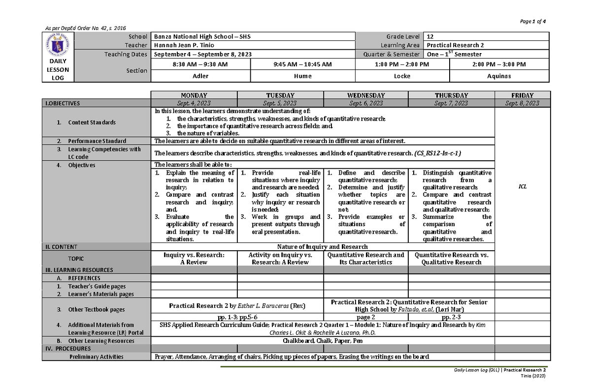 PR2 09-0408-2023 - dll - As per DepEd Order No. 42, s. 2016 Daily ...