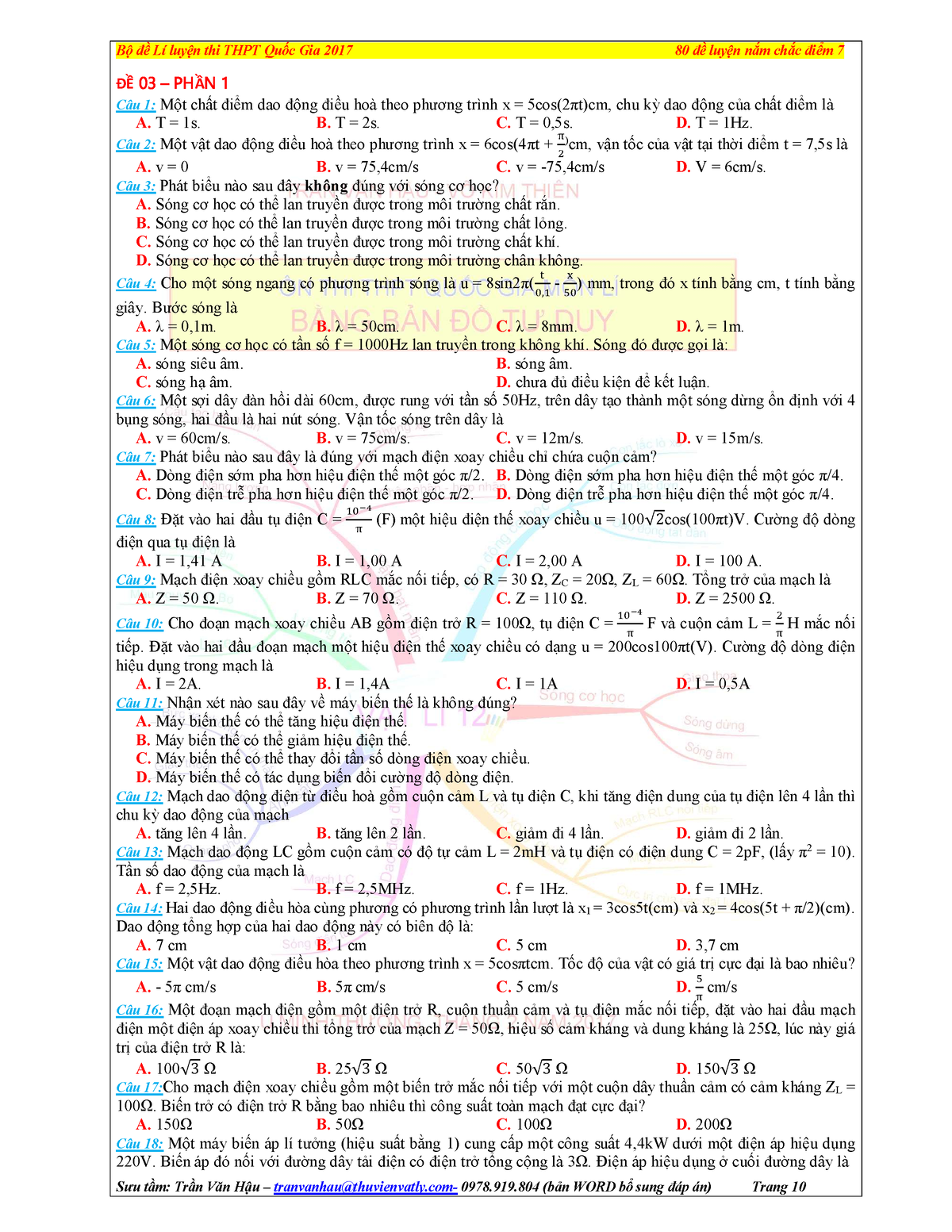 De3-4 - ĐỀ Ầ Câu 1: Một Chất điểm Dao động điều Hoà Theo Phương Trình X ...