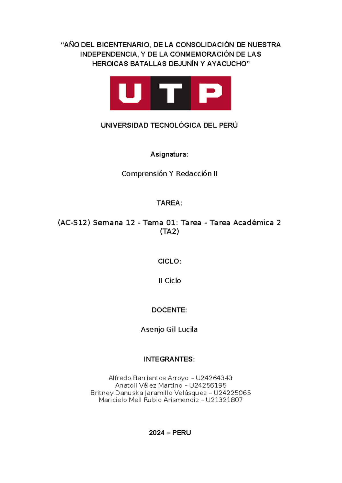 Tema 01 Tarea Tarea Académica 2TA2 - “AÑO DEL BICENTENARIO, DE LA ...