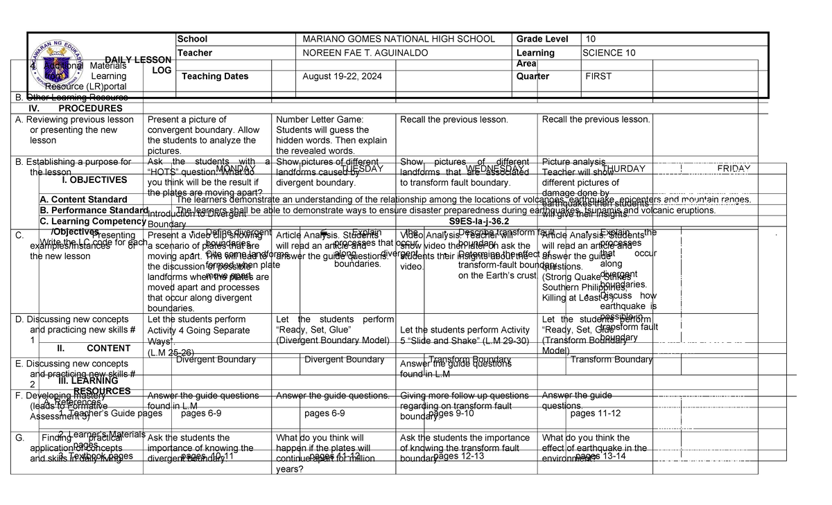 W4 Q1 Science 10 - DAILY LESSON LOG School MARIANO GOMES NATIONAL HIGH ...