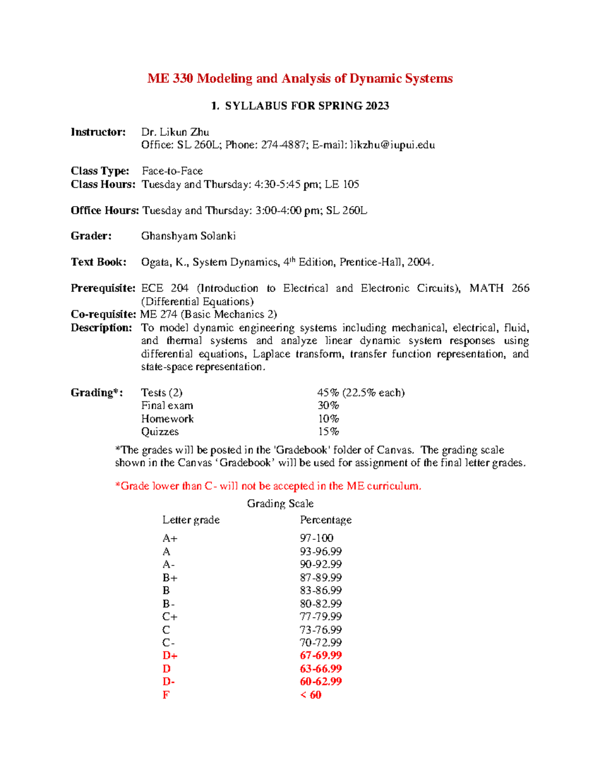 ME330 S23 Syllabus - ME 330 Modeling and Analysis of Dynamic Systems 1 ...