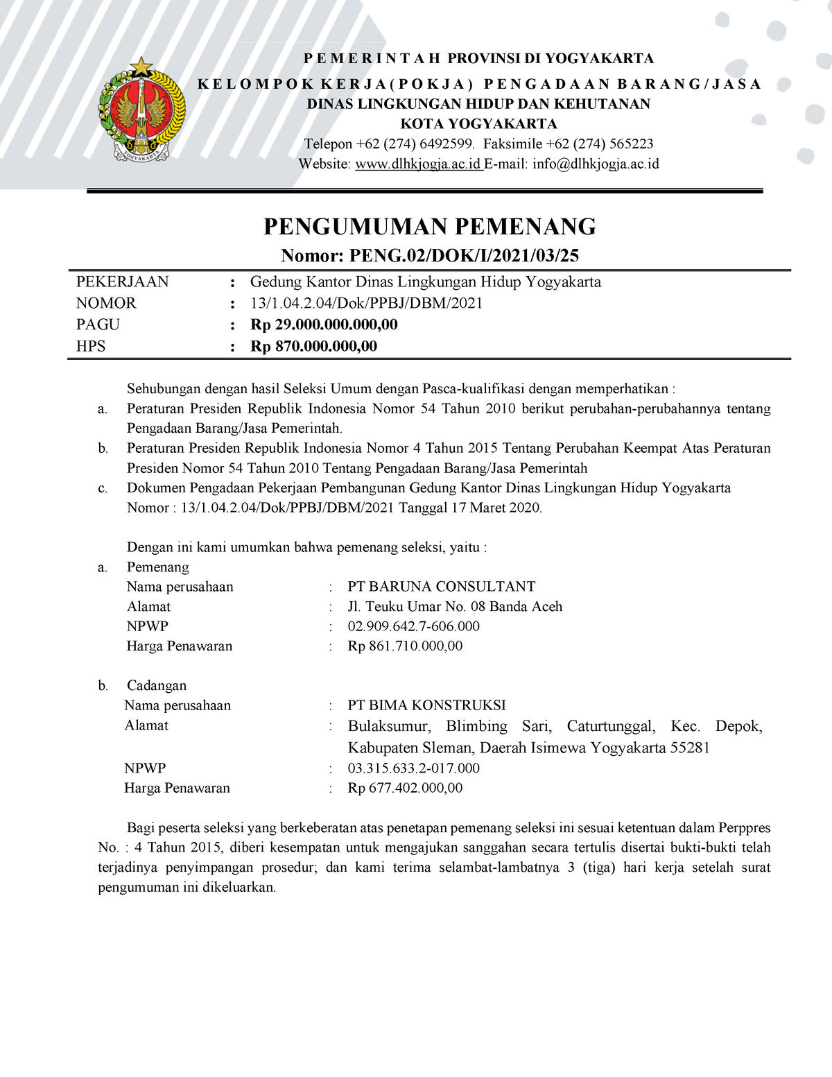 Pengumuman Pemenang - P E M E R I N T A H PROVINSI DI YOGYAKARTA K E L ...