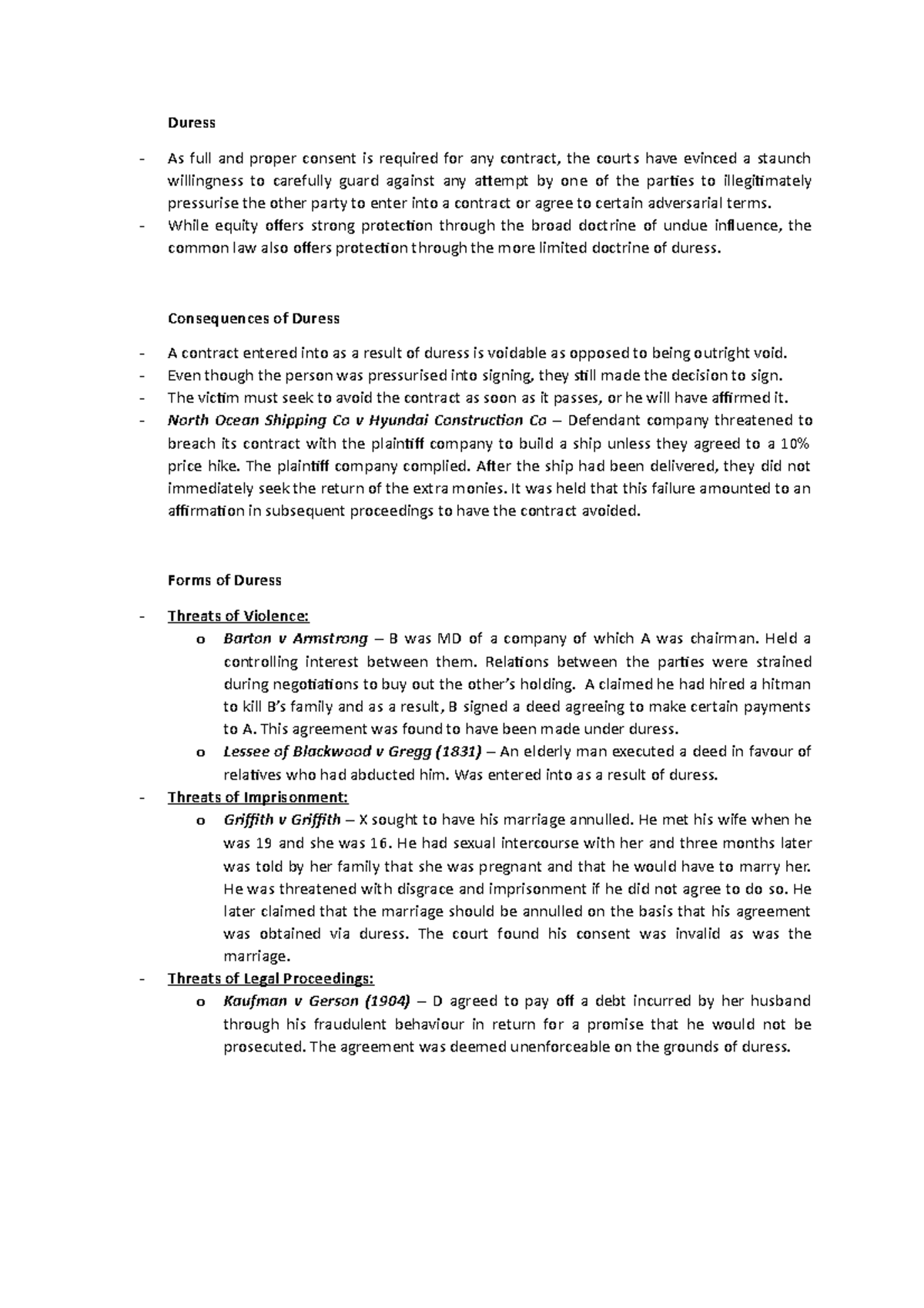 Duress - fe1 notes - Duress As full and proper consent is required for ...