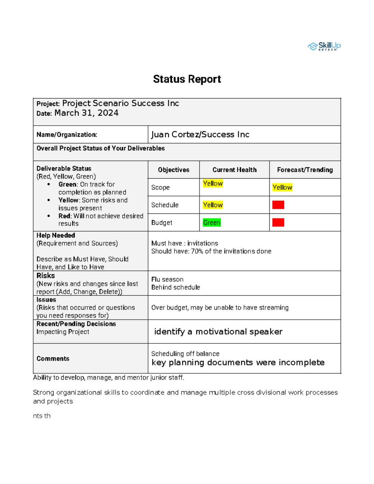 Final Project Status Report Worksheet - Status Report Project: Project ...